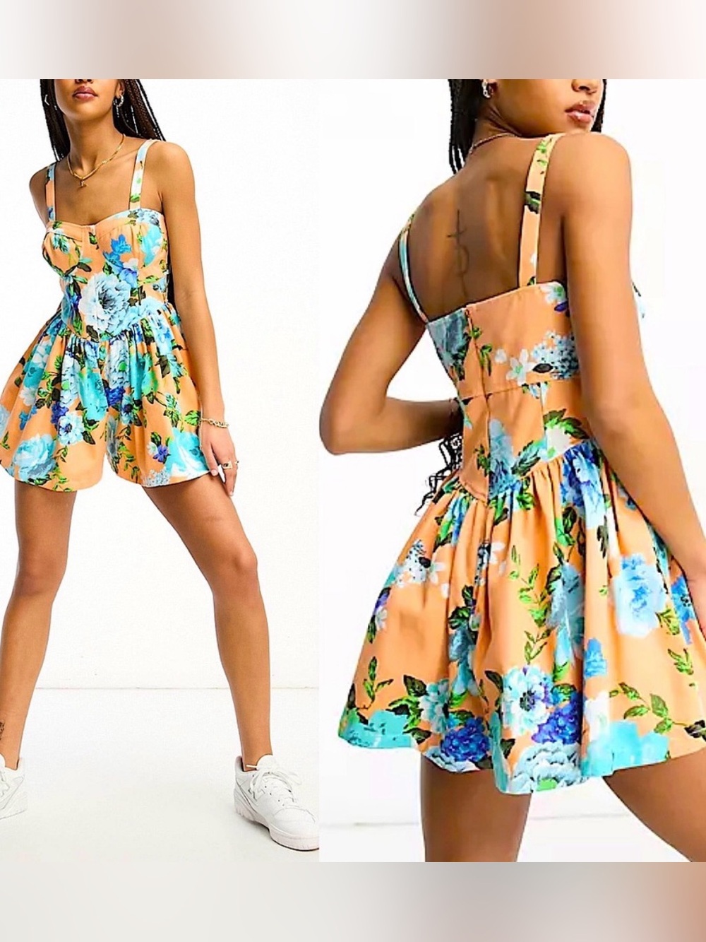 NWT ASOS DESIGN Twill Flippy Playsuit in Floral Print US 10 Corset Romper Boho